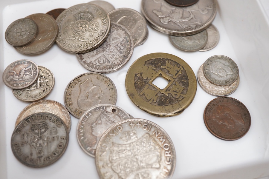 A collection of various banknotes and coins